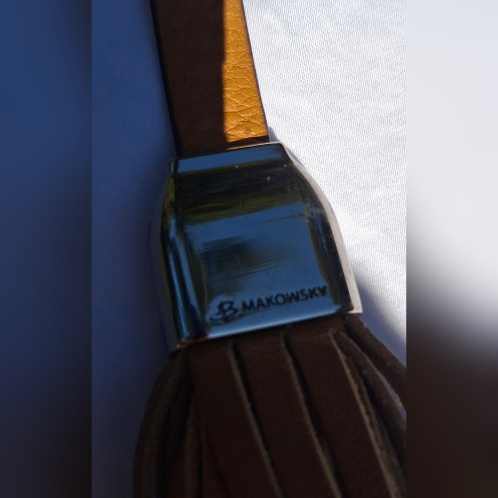 B. Makowsky Tan Leather & Silver Tone Leather Tassel Keychain Bag Swag Bag Charm - Picture 4 of 6